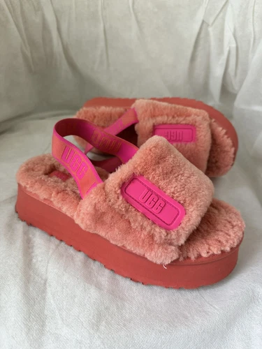 Sandali UGG rosa plateau shearling slingback discoteca slide donna taglia 7