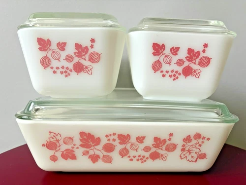 6pc Pyrex Vintage Gooseberry Pink Refrigerator Set Dishes 503 502 501 w/Lids EXC