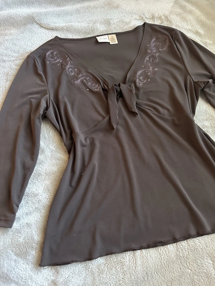 De Colección Y2K Merona Marrón Corbata Frontal Adornada Cuello en V Manga 3/4 Boho Western Foto 4 de 4