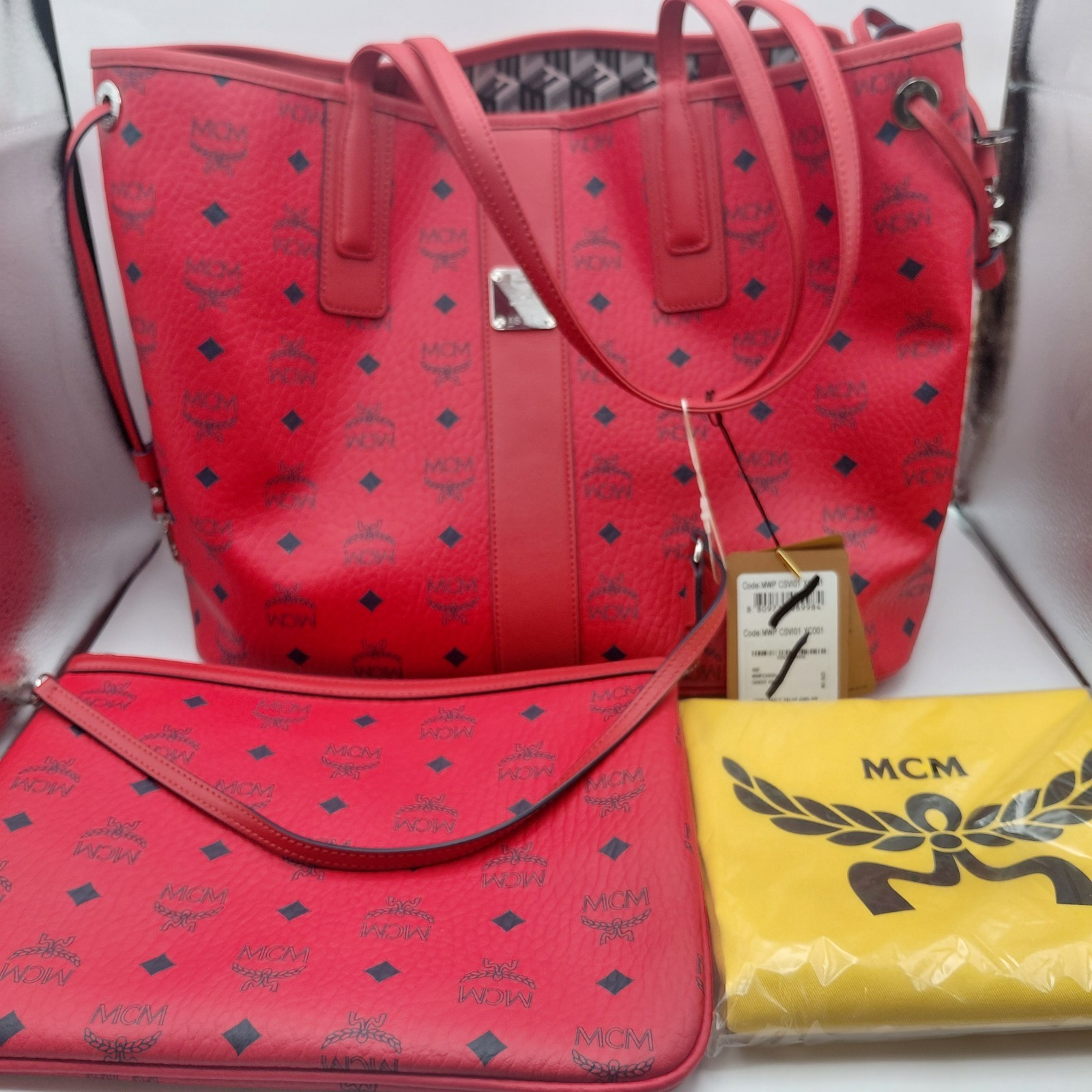 MCM Liz Reversible Shopper Tote Candy Red Visetos w/ pouch/dust bag. Read