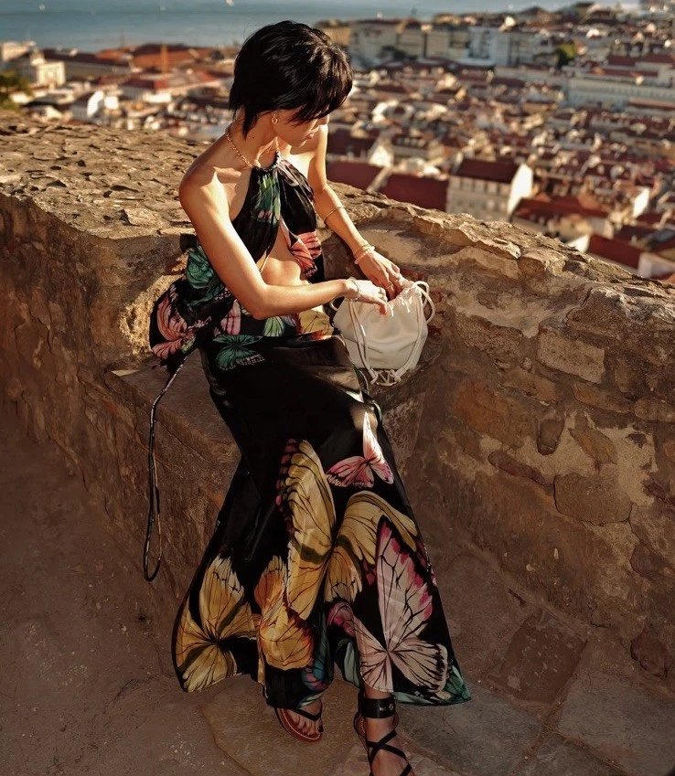 Leo Lin Papillon Silk Halter Gold Chain Top OS Backless Luxury Resort Festival