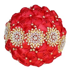 Red Bridal Wedding Bouquet with Luxury Gold Rhinestone Brooch Pearls Bouquet ...