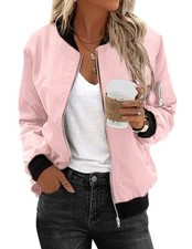 Classic Quilted Bomber Jacket for Women, Short Coat, Pink, Size Large