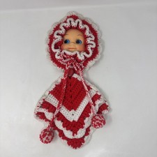 Vintage Hanging Crochet Baby Doll Face Pot Holders Red/White Granny Core