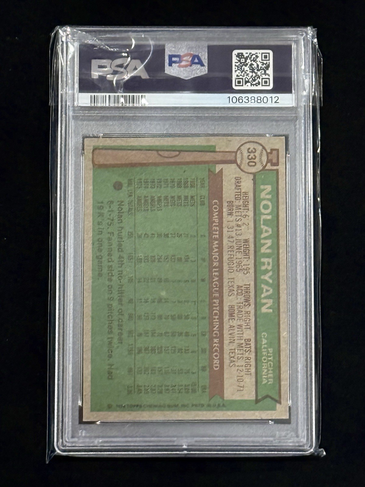 1976 TOPPS # 330 NOLAN RYAN PSA 5 ANGELS HOF view 2