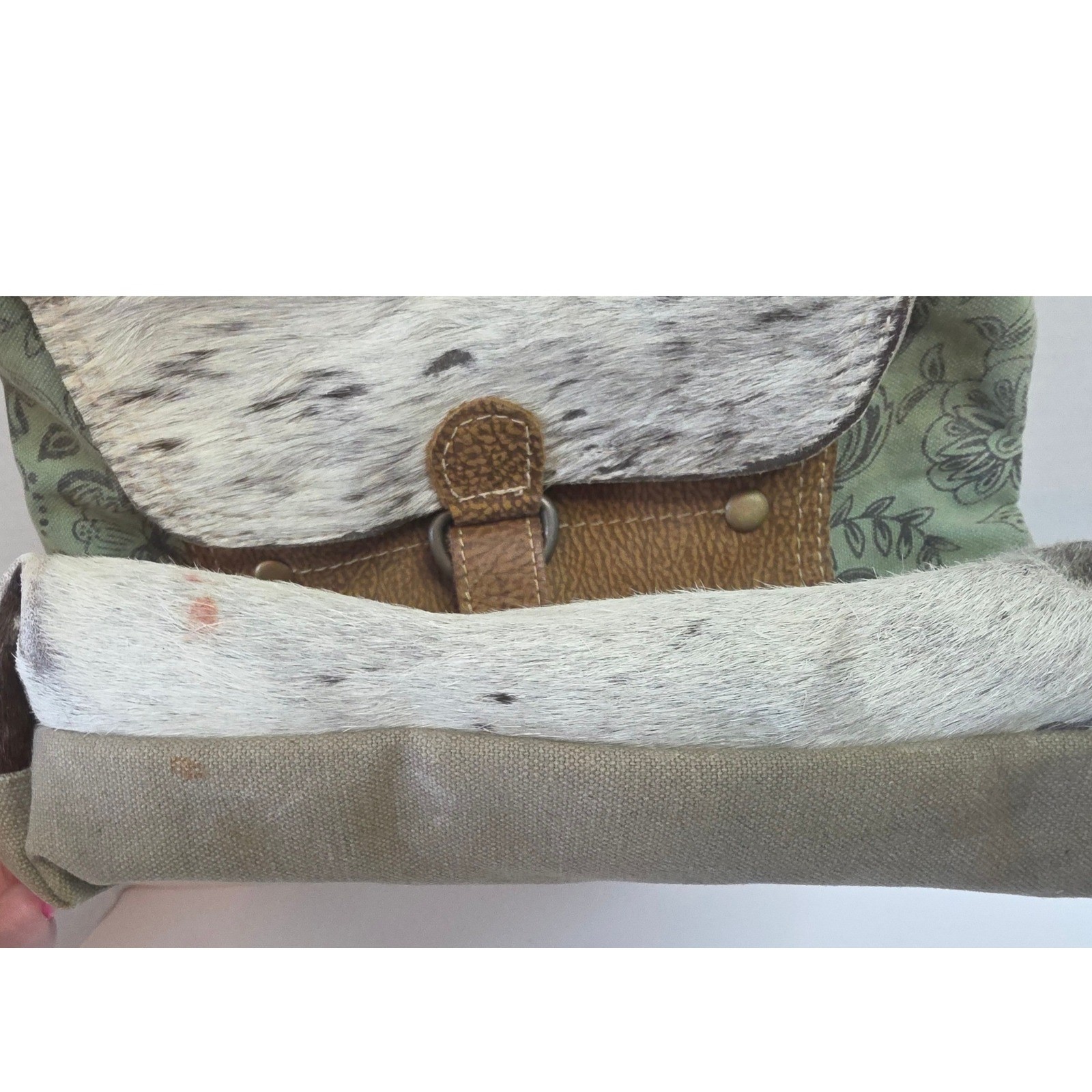 Myra Bag Eau De Nil Cowhide Floral Canvas Shoulder/Crossbody Upcycled Materials