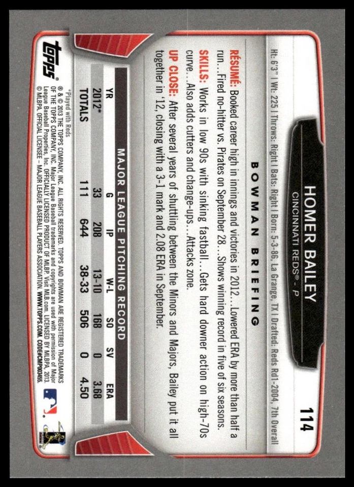 2013 Bowman Homer Bailey #114 Gold - Image 2 of 2