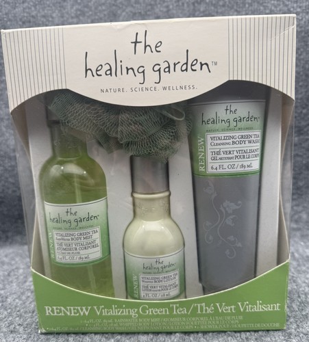 The Healing Garden RENEW Vitalizing Green Tea Spa Set Poof Body Mist Wash Lotion