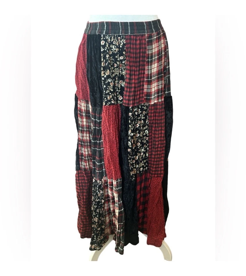Saia de Natal xadrez veludo vintage anos 90 fairygrunge boho hippie caprichoso patchwork M - Imagem 2 de 4