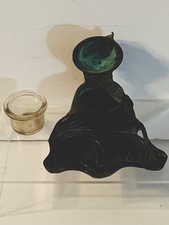 Vintage Solid Brass Ink Well Holder Glass Well & Brass Lid Floral Pattern B & W