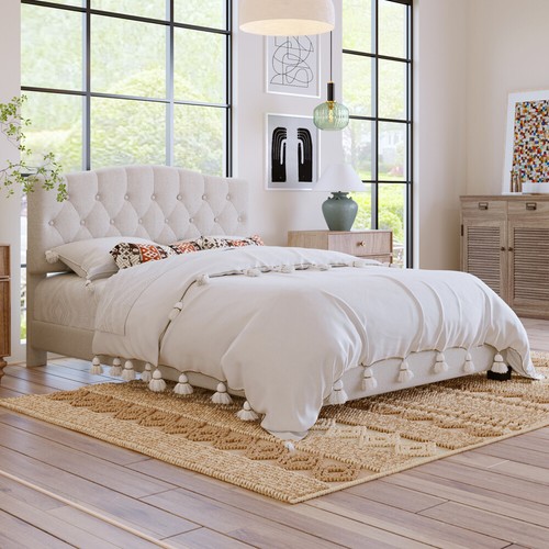 Queen Size Elegant Upholstered Linen Platform Bed Frame with Curved Headboard,US - Picture 4 of 9
