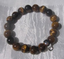 1 BRACELET 19CM PERLES MARRON "OEIL DU TIGRE" ELASTIQUE ANNEAU PORTE-CHARMS *N45