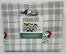 Peanuts Snoopy Sledding Christmas Winter Plaid QUEEN Size Sheet Set