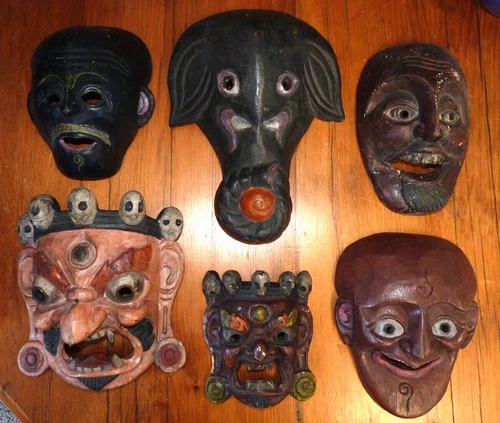 LOT Vintage Nepalese Shaman Mahakala Mask Wood Carved Himalayan Wax Export Seal