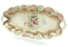 Antique Hand Painted Oval Celery Dish Gold W/ Roses Unmarked Moriage Embellished