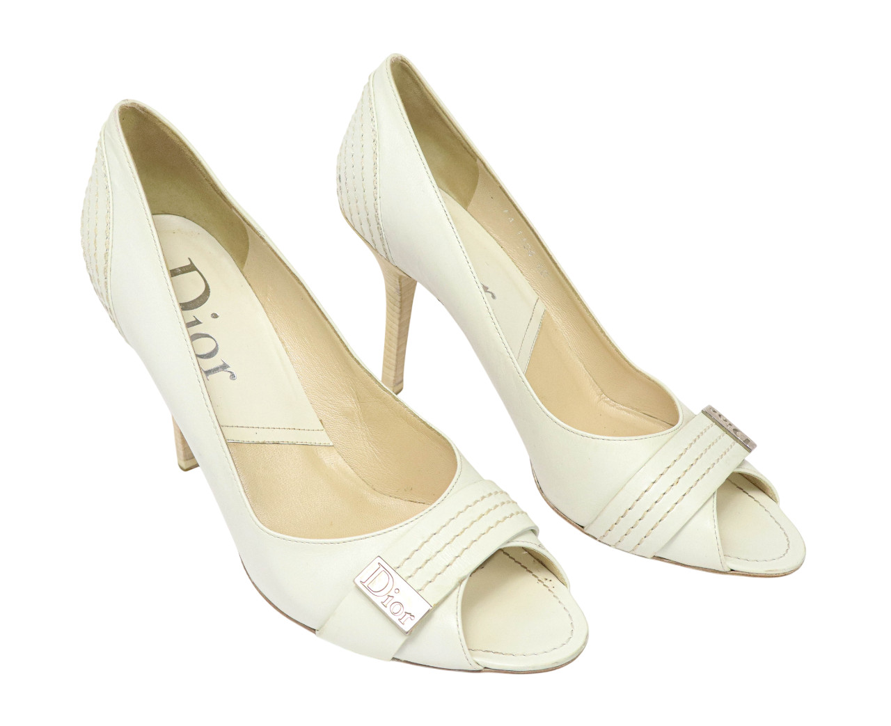 DIOR Shoes Women's (EU) 40 Ivory Peep Toe Leather Logo Stiletto High Heels