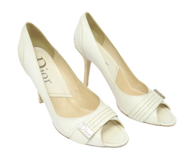 Dior Schuhe Damen (Eu) 40 Elfenbein Peeptoe Leder Logo Stiletto High Heels