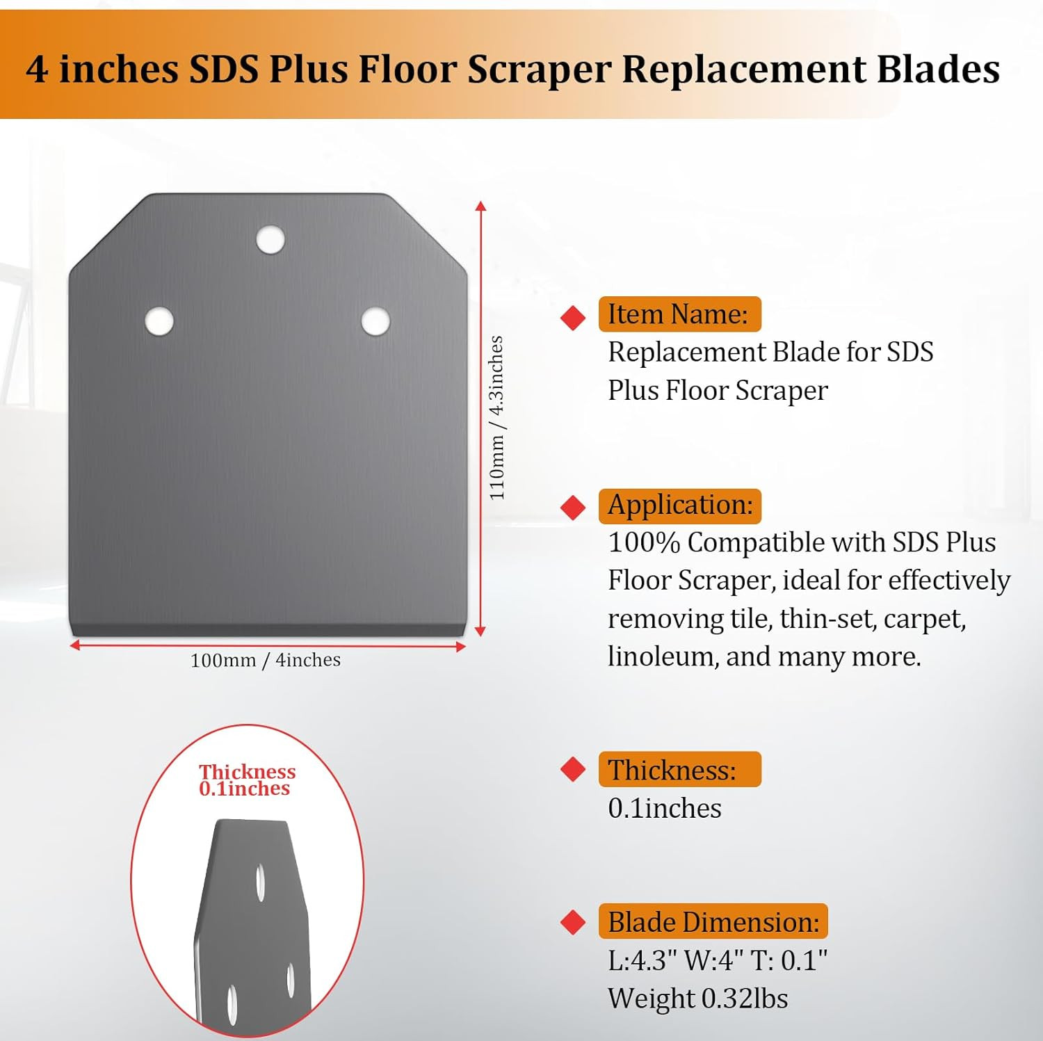 2 Pcs SDS plus Floor Scraper Replacement Blades, TOOVEM 4 Inch Wide Tile Thinset