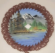VTG 90'S 7  signed hand painted circular saw blade Mountain Lake Scene W/Trees