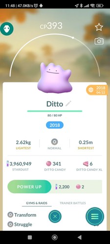 Ditto ( Caught In 2018 ) Pokemon Tr@de Go