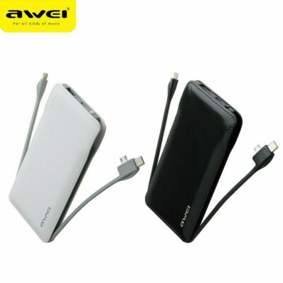 Fast Charging Portable 10000mAh Power Bank With Type-C Micro IOS Cable- BLACK
