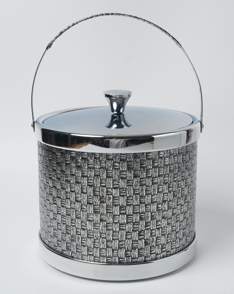 Vintage Chrome Ice Bucket Woven Basketweave with Handle MCM Barware Japan