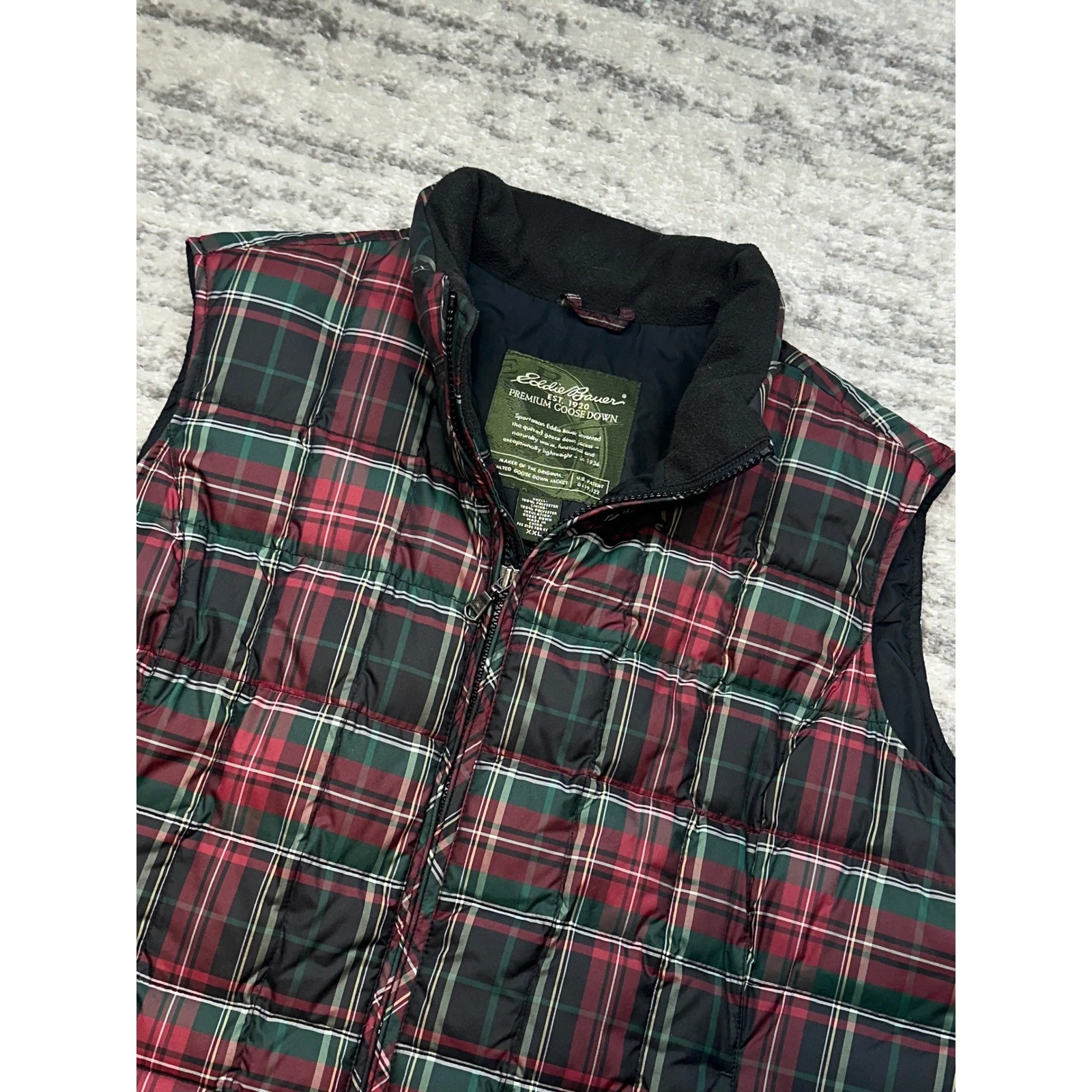 Eddie Bauer Puffer Vest Mens XXL Red Green Plaid Premium Goose Down Quilted