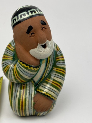 Vintage Uzbek Ceramic Figurine   Hand-Painted Folk Art Man in Striped Robe & Cap