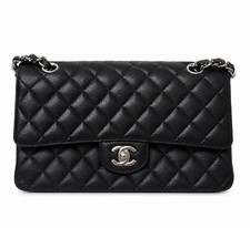 CHANEL Classic Double Flap CF Bag Black Caviar Leather Handbag Silver HW