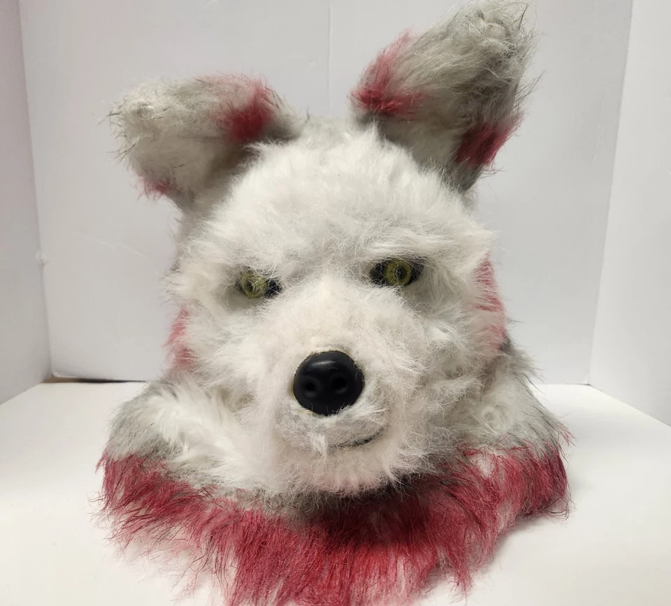 White Wolf Costume Mask & Red Gray Faux Fur Arm Sleeves Set Cosplay - Image 2 of 4