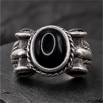 Vintage Indianer 925 Sterlingsilber ovaler schwarzer Onyx Ring Gr. 6,5 signiert