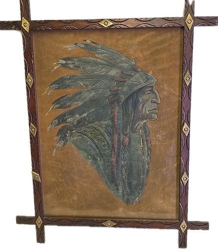 Antique Native American Indian Chief In Headdress Framed Leather Hide Painting