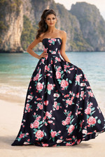 Long Navy Floral Print Ball Gown Prom Dress Size 16 Scoop Neck Lace Up Back