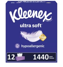 Kleenex Ultra Soft Facial Tissues 12 Flat Boxes 120 Tissues per Box-1440 Tissues