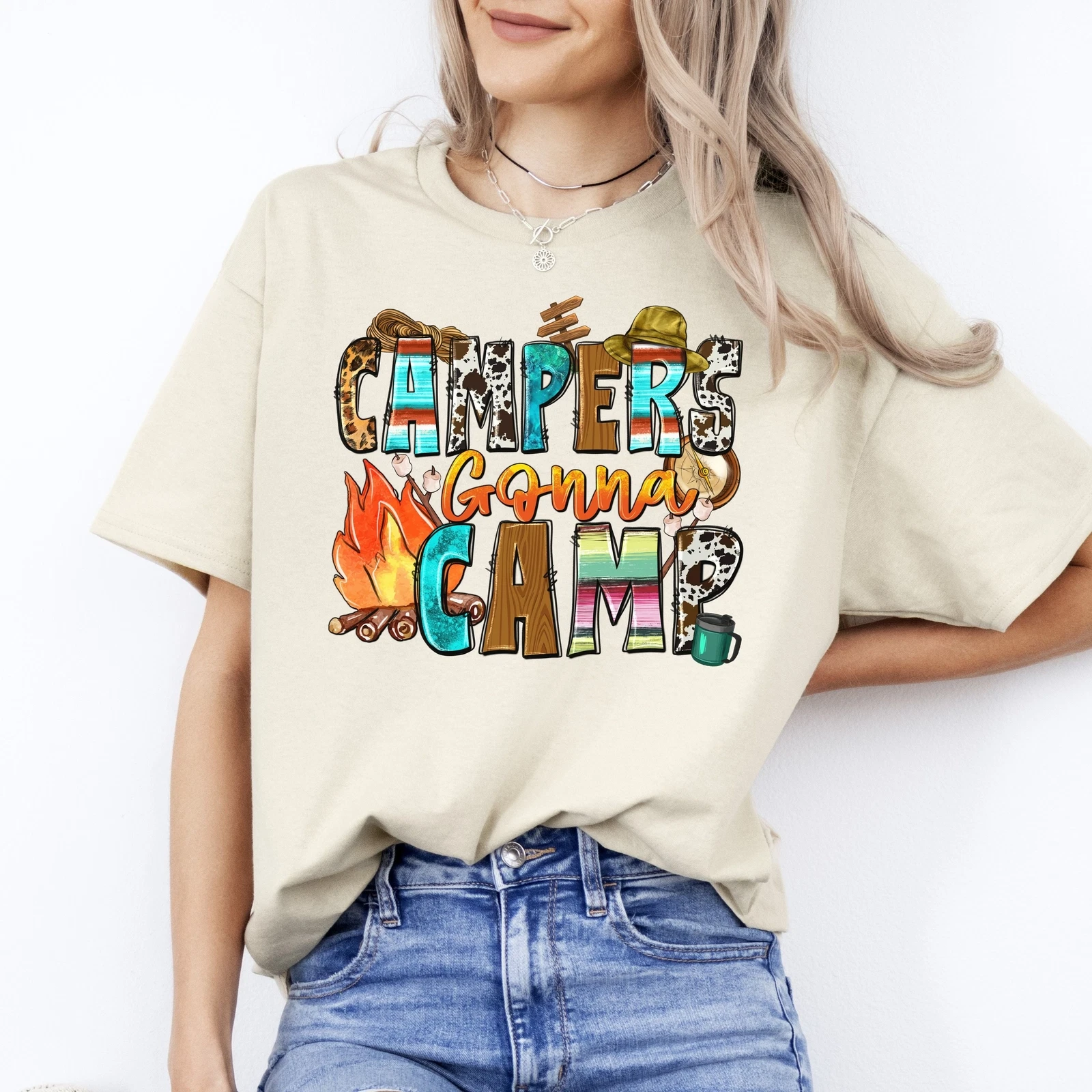 Campers gonna camp T-Shirt happy camper Unisex tee White Sand Sport Grey
