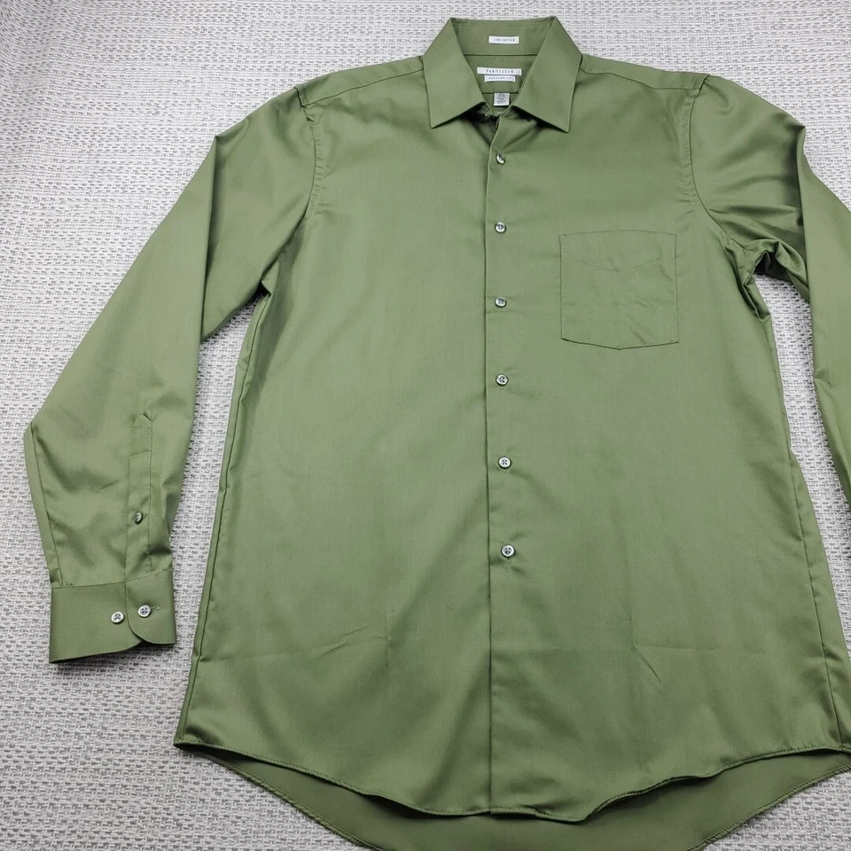 Camisa de vestir Van Heusen Lux satén para hombre L 15,5 X 34/35 verde manga larga nueva sin etiquetas Foto 3 de 4