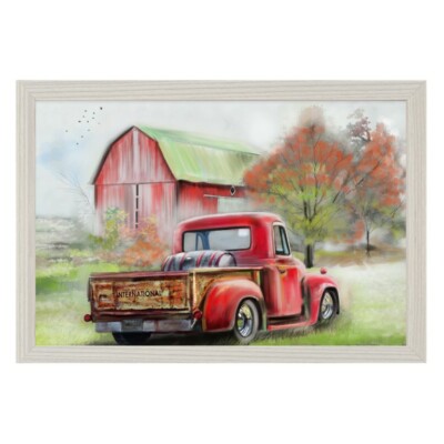 Country Primitive Red Truck Rustic Art Wood Framed Picture Print