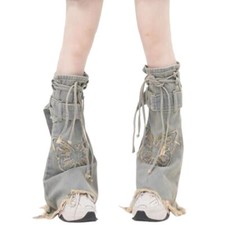 Punk Denims Leg Warmer with Ties and Butterfly Jeans Flared Long Socks