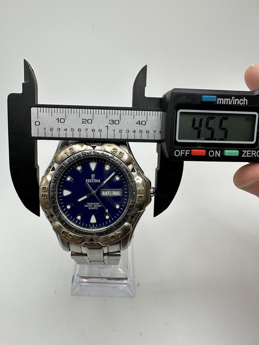 Festina Men's Vintage Day Date Silver Watch 1990s 8811 Diver Blue