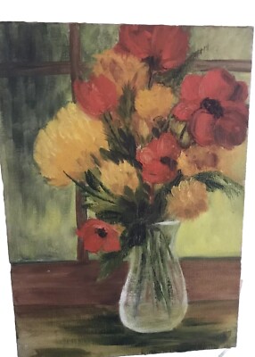 Outsider Art Original Painting On Canvis 14 x 10 Floral Still Life Unsigned