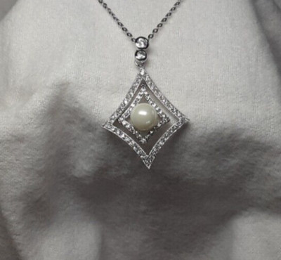 Open Square CZ Center Pearl Necklace, 925 Silver, Rhodium Plated, CZ (BGP00254)
