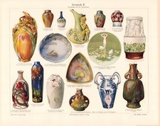 c1900 #2 ORNATE POTTERY CHINA VASES & PLATTERS COLOR CHROMOLITHOGRAPH @10x13