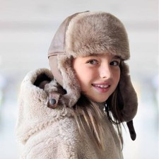 Kids Shearling Winter Hat Real Shearling Trapper Aviator Hat Ushanka