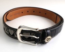 Brighton Black Leather Belt Black Hearts Logo Embossed Crocodile Size 34 Large