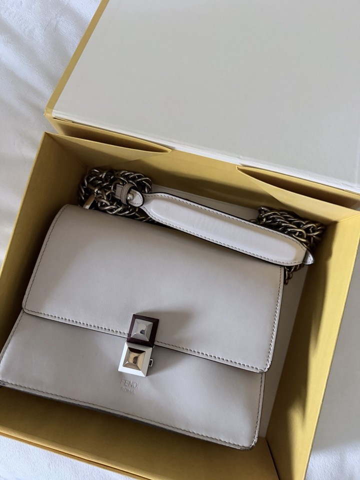 FENDI Kan I Grey Leather Shoulder Bag, Silver Chain Strap, Box