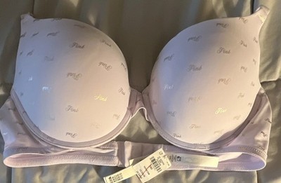 PINK Victoria's Secret 38D Push-Up Underwire Bra Logo Pattern Clear
