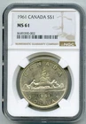 1961 S$1 CANADA SILVER VOYAGEUR DOLLAR NGC MS61 UNCIRCULATED COIN