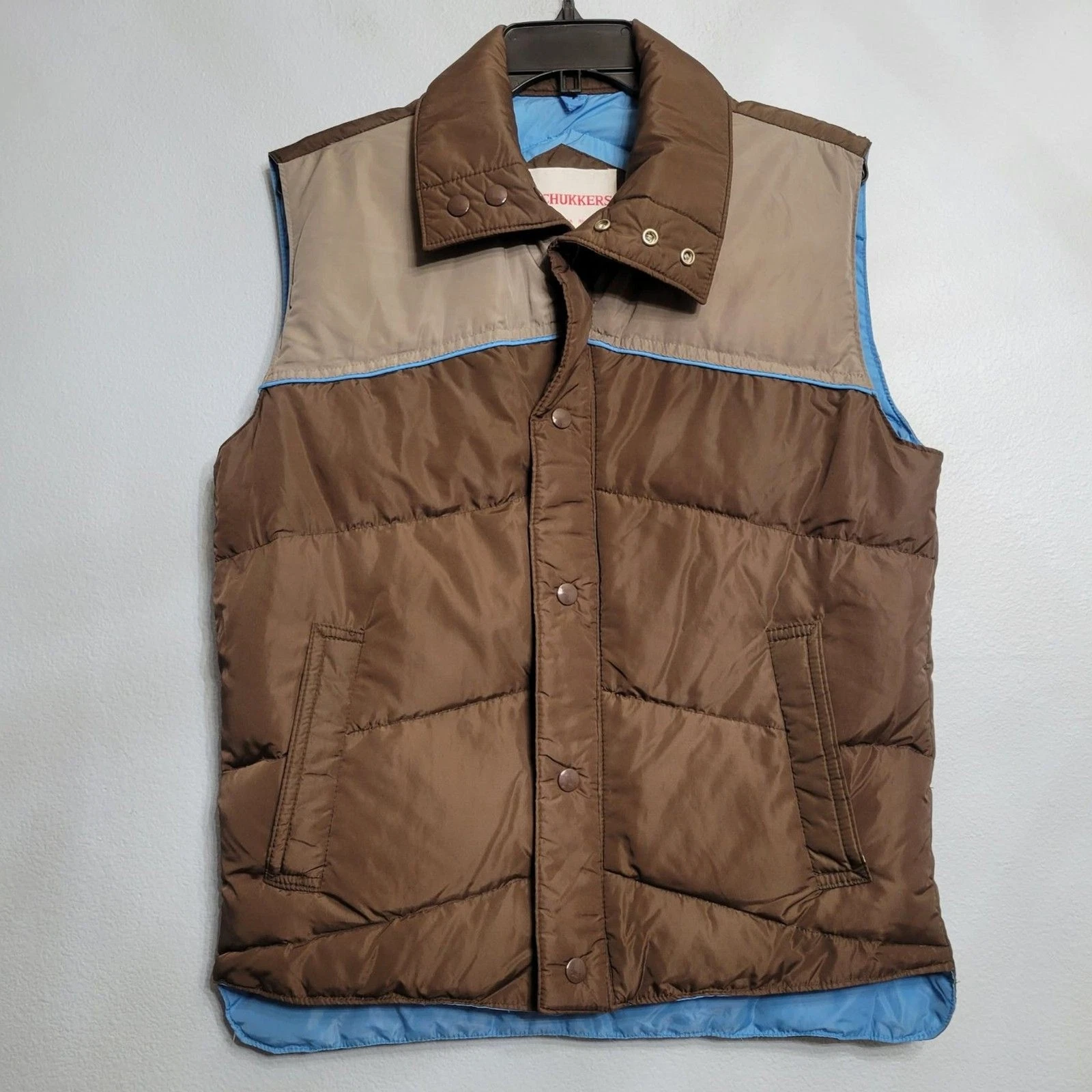 Vtg Chukkers Down Puffer Vest Mens SM Brown Two Tone Snap 70s Cabincore Gorpcore