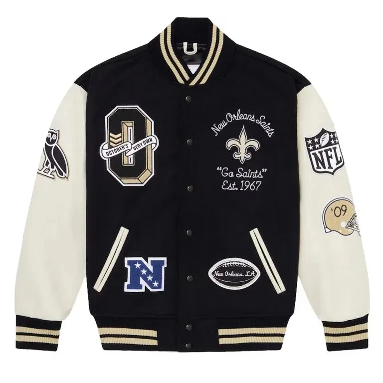 New Orleans Saints Black Wool and White Sleeves Varsity Men's Jacket