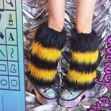 Thick Multicolor Fur Leg Warmers - Fuzzy Fluffies - Black and Yellow - 15 in